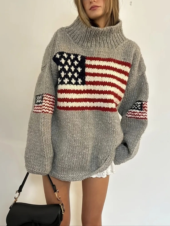Sweaters - Womens American Flag Sweater Oversized Turtleneck Pullover Cozy Long Sleeve